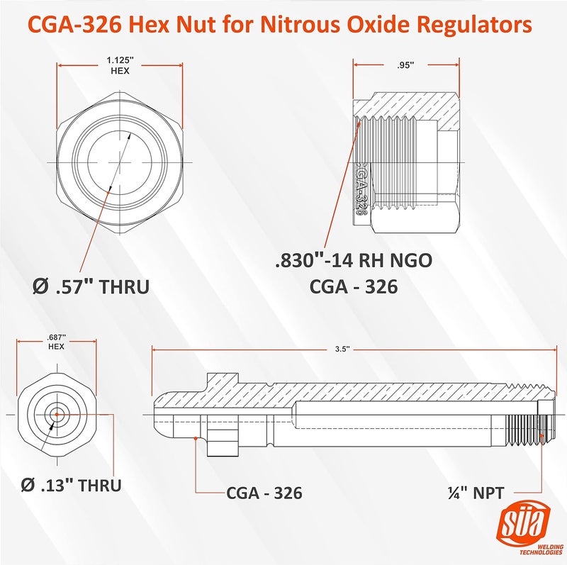Sa - Nut and Nipple replacement for Nitrous Oxide Regulators CGA-326 - Nipple length: 3-1/2'' - Regulator side thread: 1/4'' NPT - 3000 PSI - Image 2